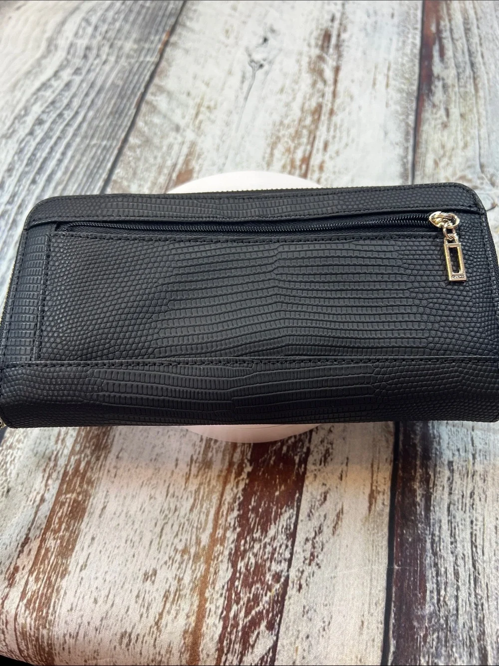 GUESS Black Reptile Embossed Zip Around Wallet Wristlet Gold Tone Hardware